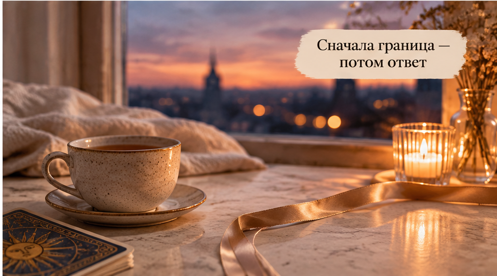 Карты Таро рядом с телефоном и чашкой вечернего чая