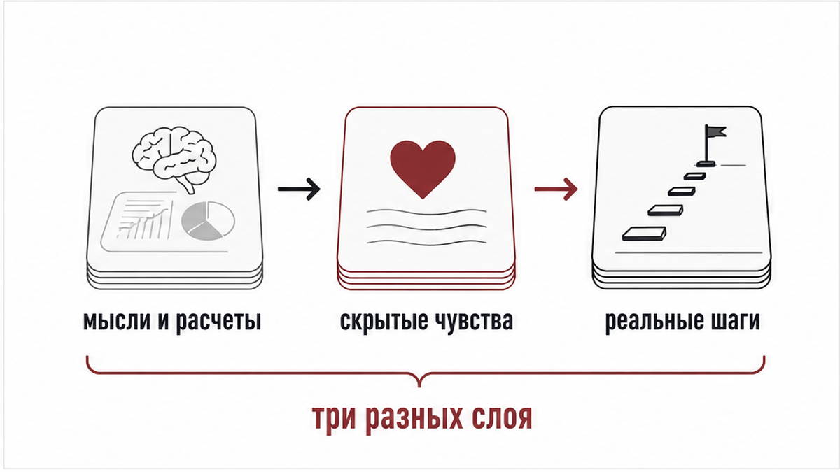 Схема трёх слоёв: мысли, скрытые чувства и реальные шаги
