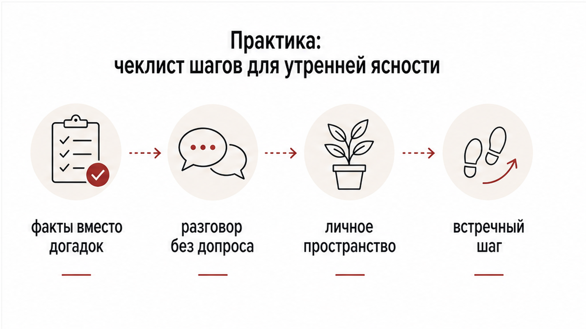 Чеклист утренних шагов: факты вместо догадок, разговор без допроса, пространство и встречный шаг