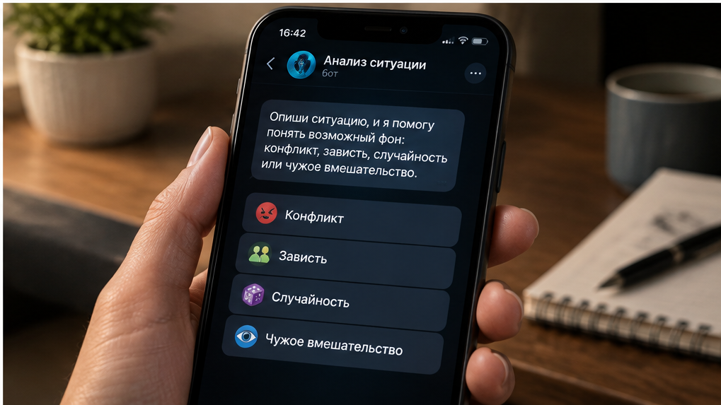 После уборки человек открывает расклад в боте, чтобы понять фон ситуации: конфликт, зависть, случайность или чужое вмешательство