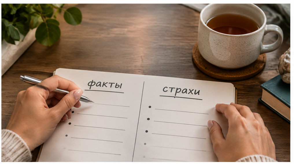Крупный план рук над листом с двумя колонками: «факты» и «страхи»; рядом чашка чая, спокойный свет, без мистического ужаса.