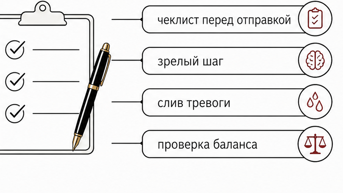 Чеклист перед отправкой: зрелый шаг, слив тревоги и проверка баланса