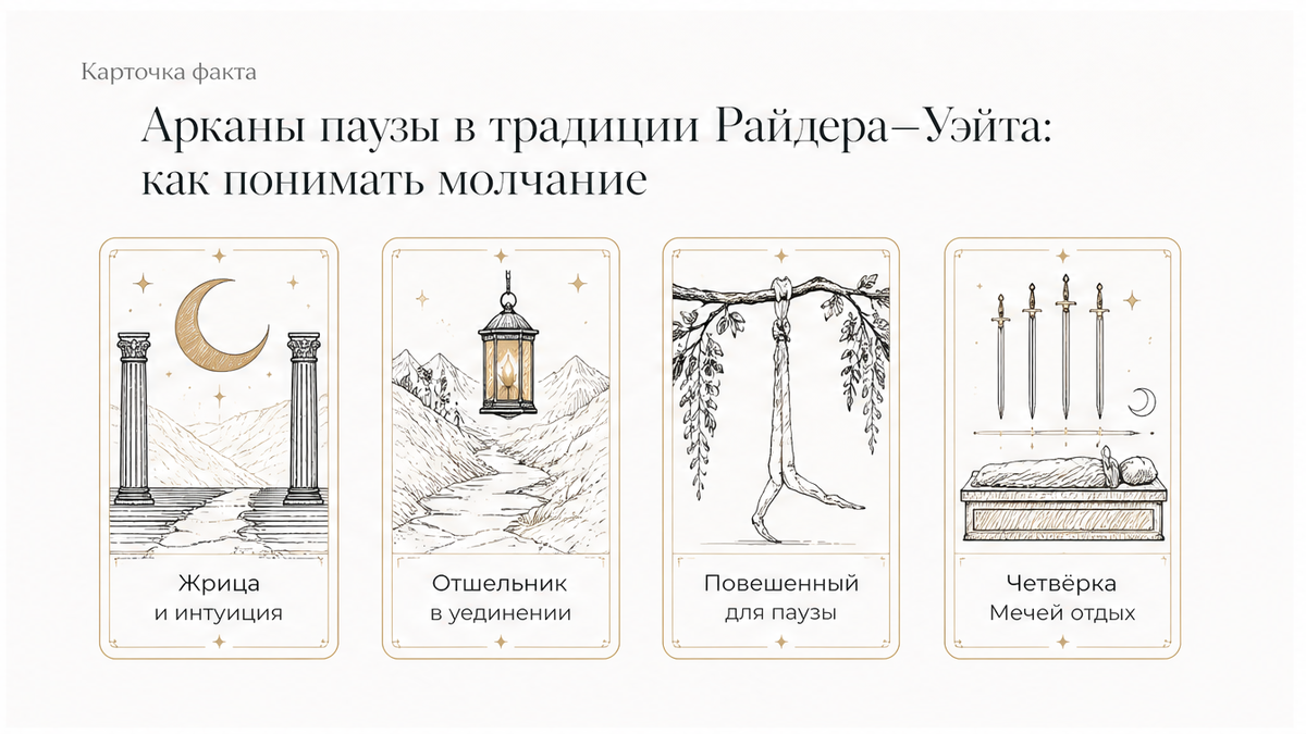 Карточки арканов паузы: Жрица, Отшельник, Повешенный и Четвёрка Мечей
