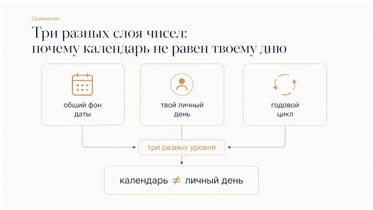 Схема трёх слоёв чисел: общий фон даты, личный день и годовой цикл