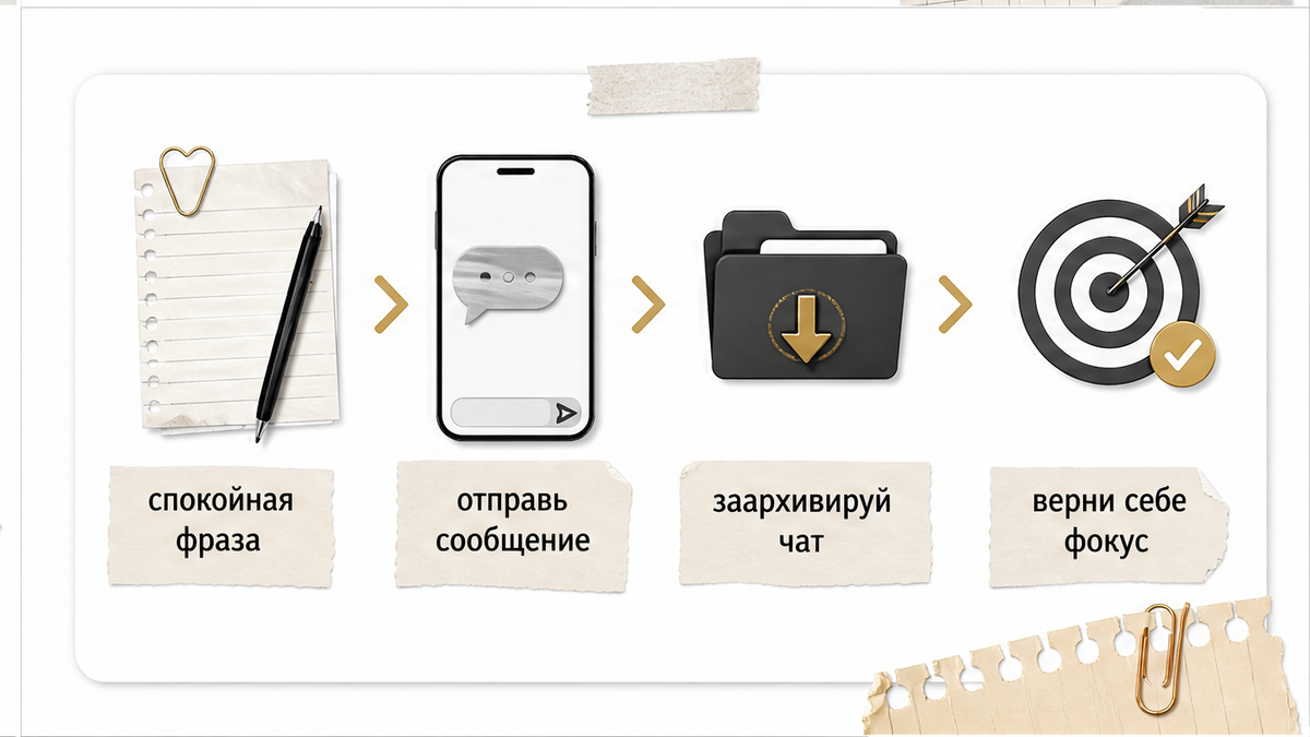 Четыре шага: спокойная фраза, отправка, архив чата, свой фокус