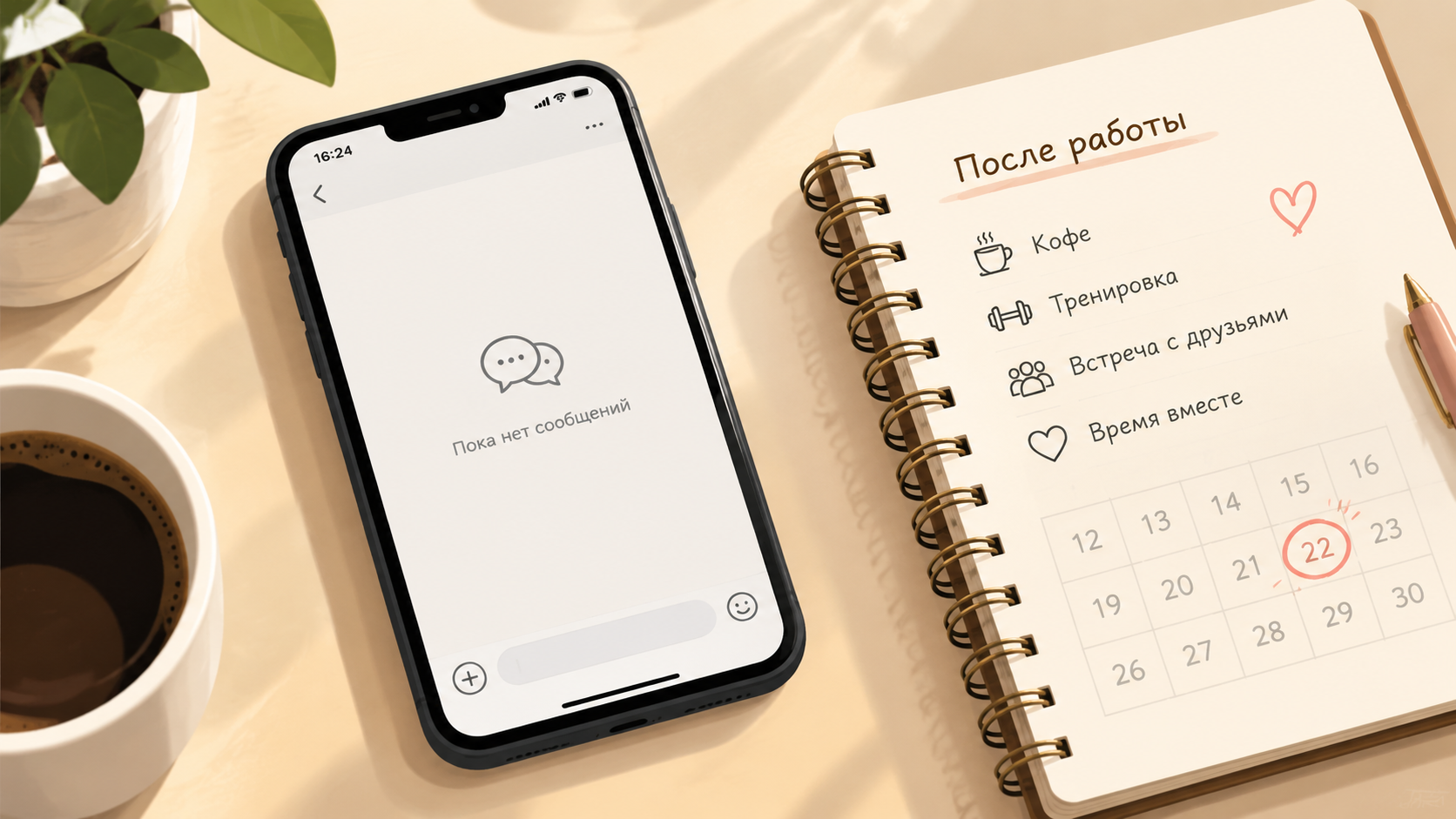 Женщина днём смотрит в пустой чат и сомневается в обещании встречи