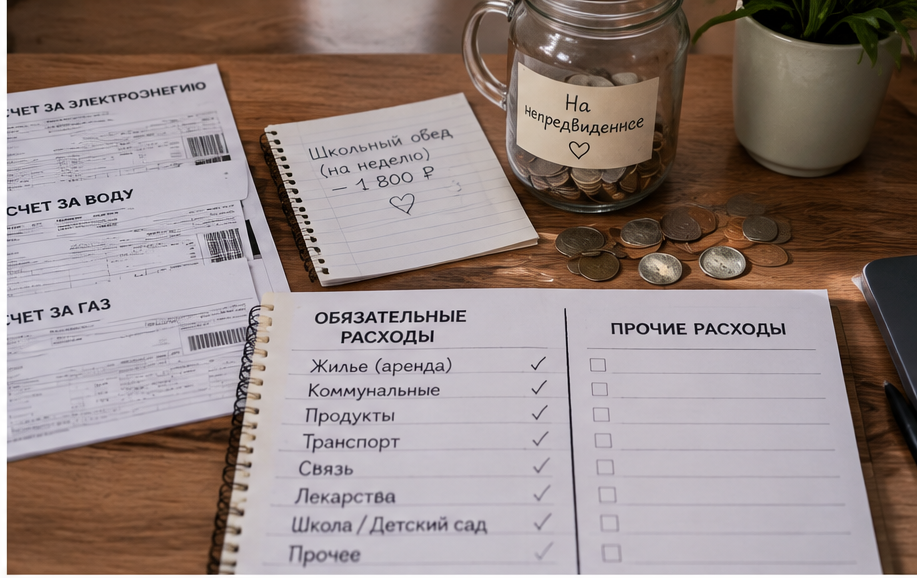 Женщина считает семейные расходы за кухонным столом