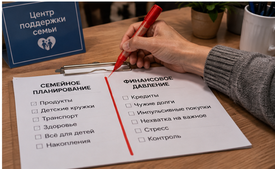 Женщина держит кошелёк и смотрит на сообщения о деньгах