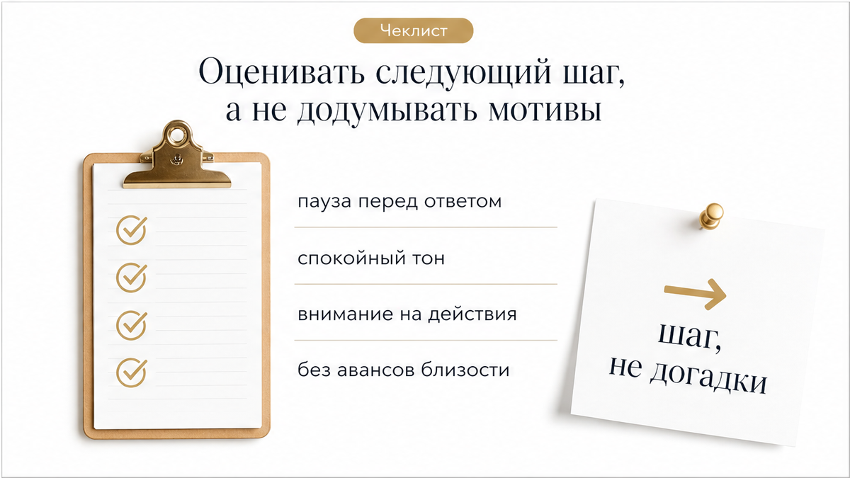 Схема: оценивать следующий шаг, а не додумывать мотивы