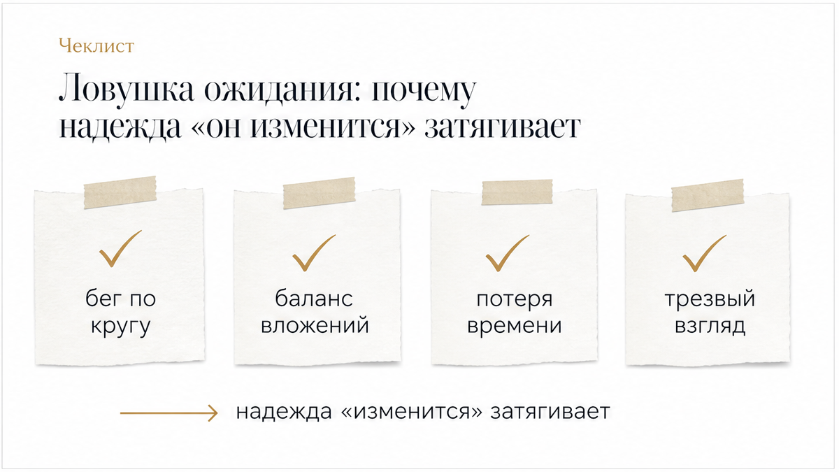 Чеклист ловушки ожидания: почему надежда «он изменится» затягивает