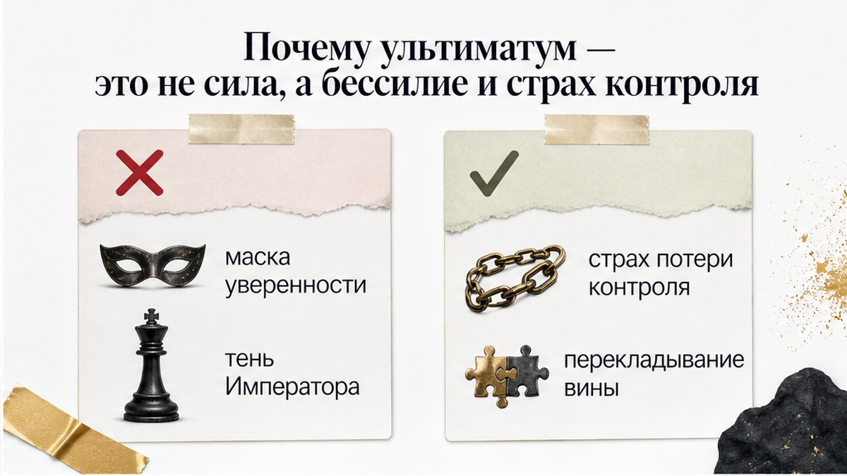 Схема: ультиматум выглядит силой, внутри — страх контроля