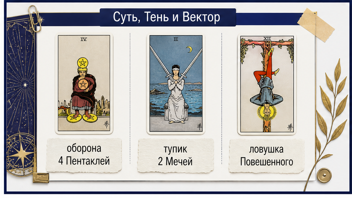 Таблица арканов 4 Пентаклей, 2 Мечей и Повешенный в раскладе Суть-Тень-Вектор