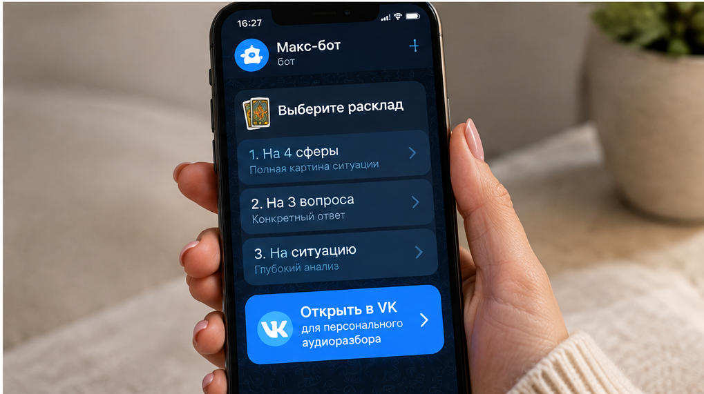 Экран смартфона с выбором трёх раскладов в Макс-боте и кнопкой ВК-приложения для персонального аудиоразбора, фон нейтральный, акцент на ясности и проверке.