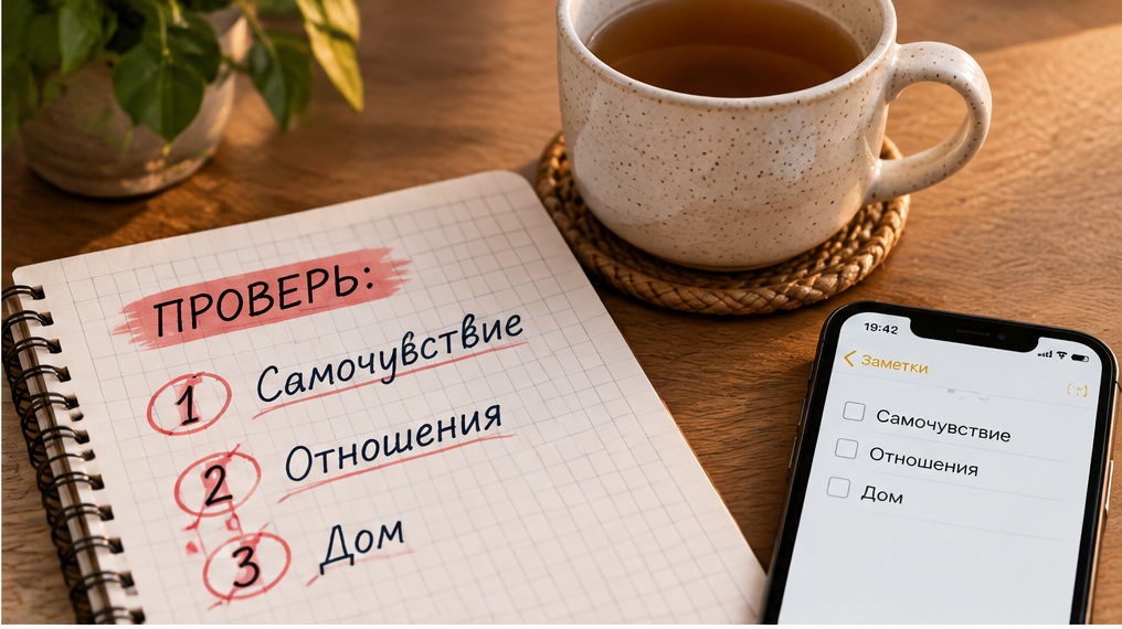 Кадр для блока «что значит»: крупный план блокнота с тремя пунктами проверки — самочувствие, отношения, дом; рядом чашка чая, телефон открыт на заметках, без свечей и ритуальных предметов.