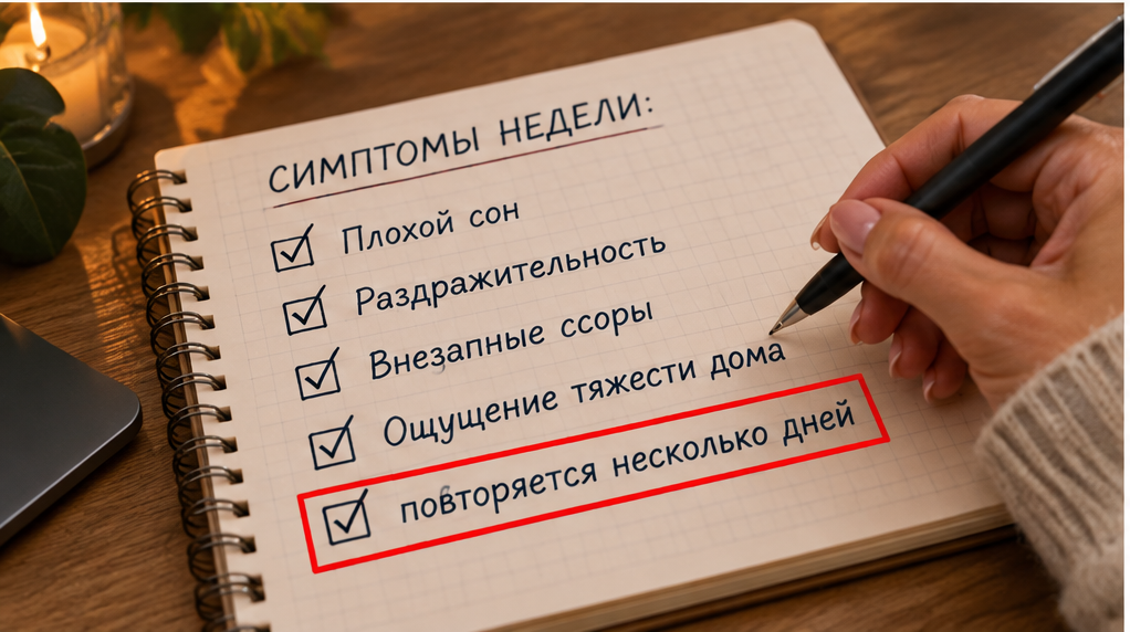 Кадр для блока «что проверить»: человек отмечает галочками симптомы недели — сон, раздражительность, внезапные ссоры, ощущение тяжести дома; красная рамка выделяет строку «повторяется несколько дней».