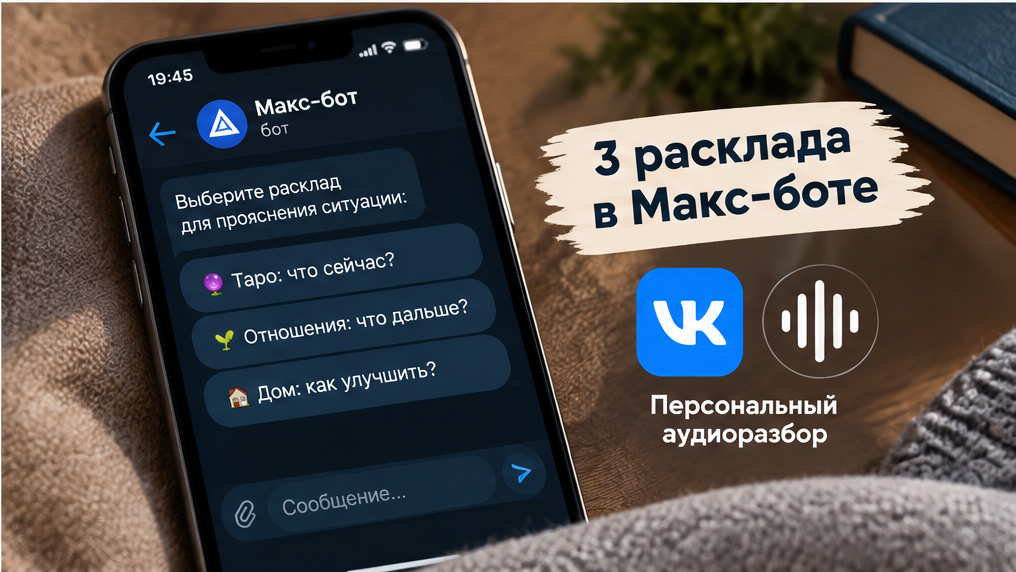 Кадр для блока «Таро для ясности»: экран телефона с интерфейсом TG-бота, рядом подпись «3 расклада в Макс-боте» и иконка ВК-приложения для персонального аудиоразбора; акцент на прояснении, не на снятии.