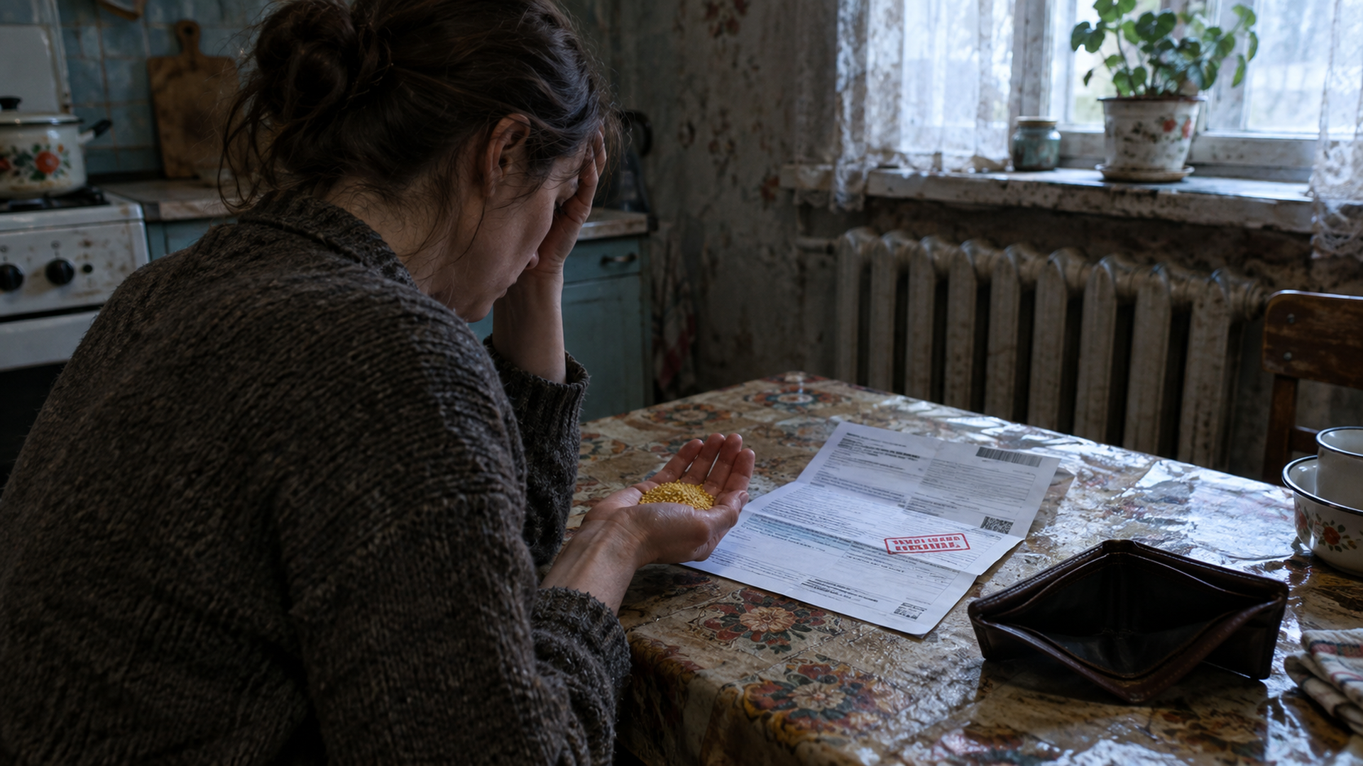 Нина за кухонным столом с письмом из банка и горстью пшена в ладони