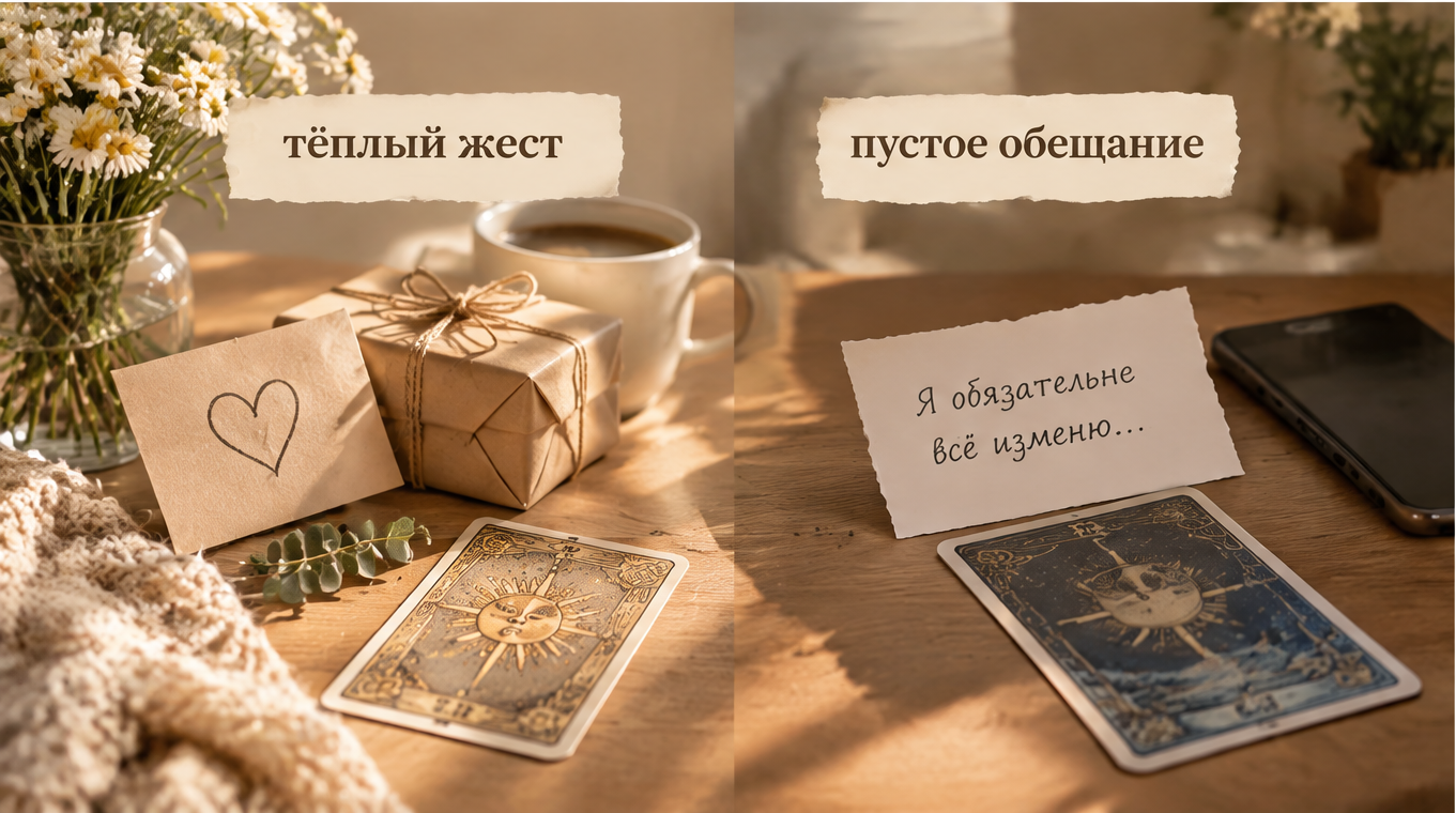 Карты Таро рядом с чашкой кофе и блокнотом для честных вопросов об отношениях