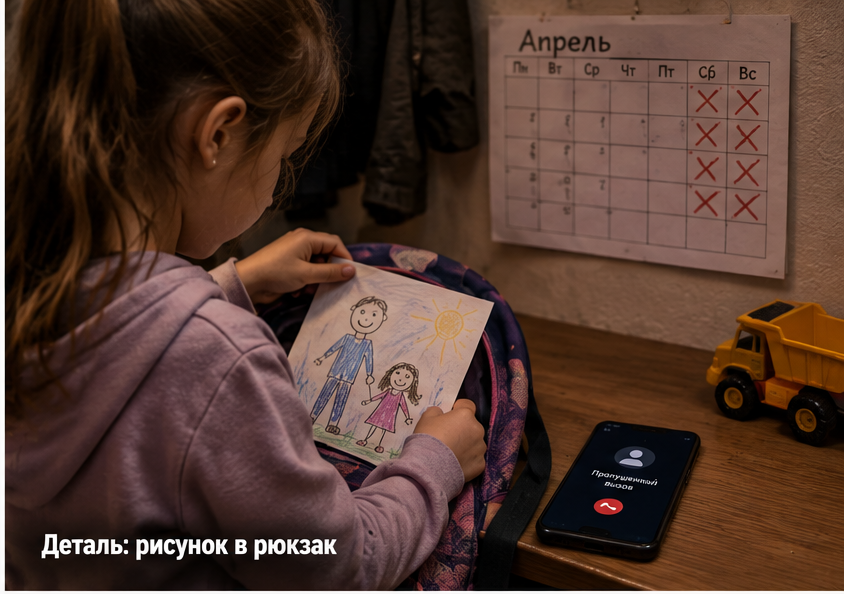 Ребёнок смотрит в окно, рядом лежит телефон без входящих сообщений от отца