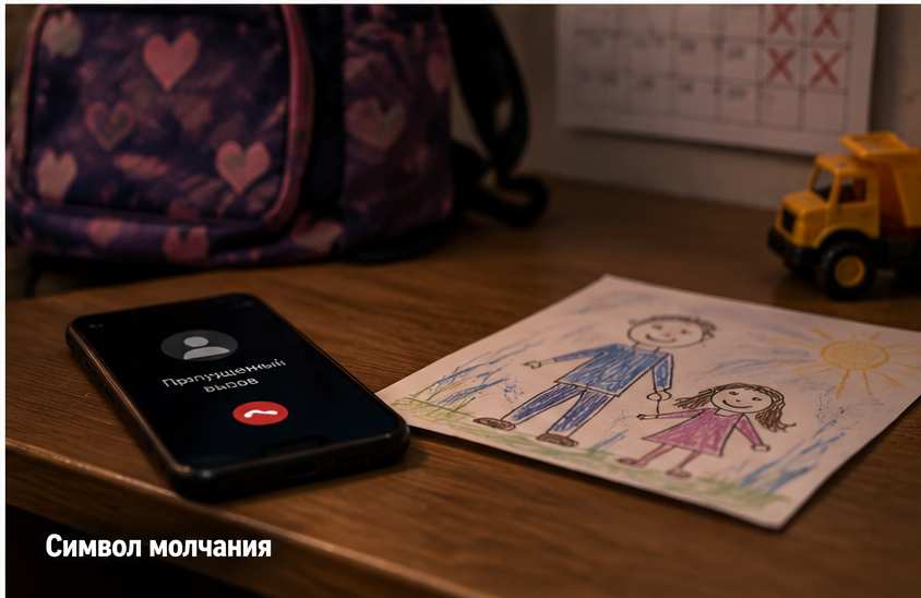 На столе детский рисунок семьи и чашка чая, рядом взрослый обдумывает решение