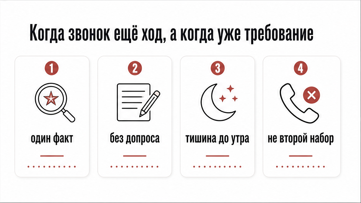 Чеклист перед звонком: один факт, без допроса, не второй набор