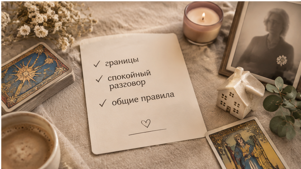 Женщина смотрит на карты Таро перед разговором с мужем